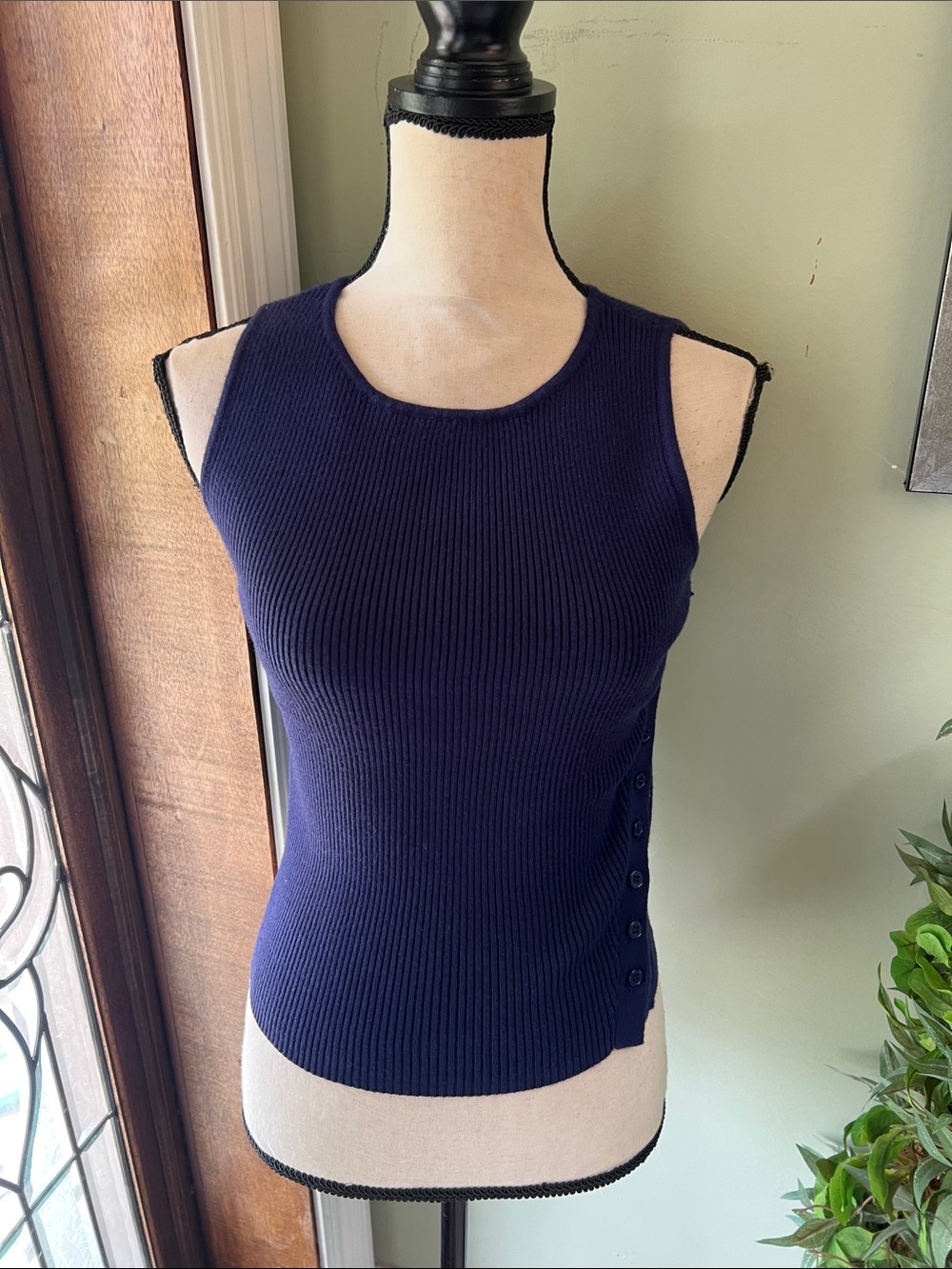 Ribbed Sleeveless Tank Top in Navy with Side Button Detail